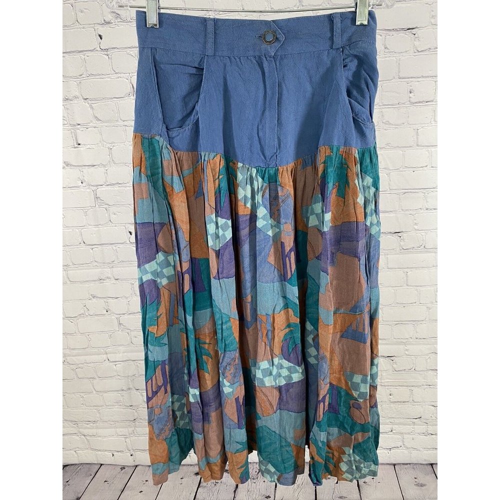 VTG A.K.F. Multicolored Geometric Pleated Pocket Belt Loop Button Zip Skirt 10